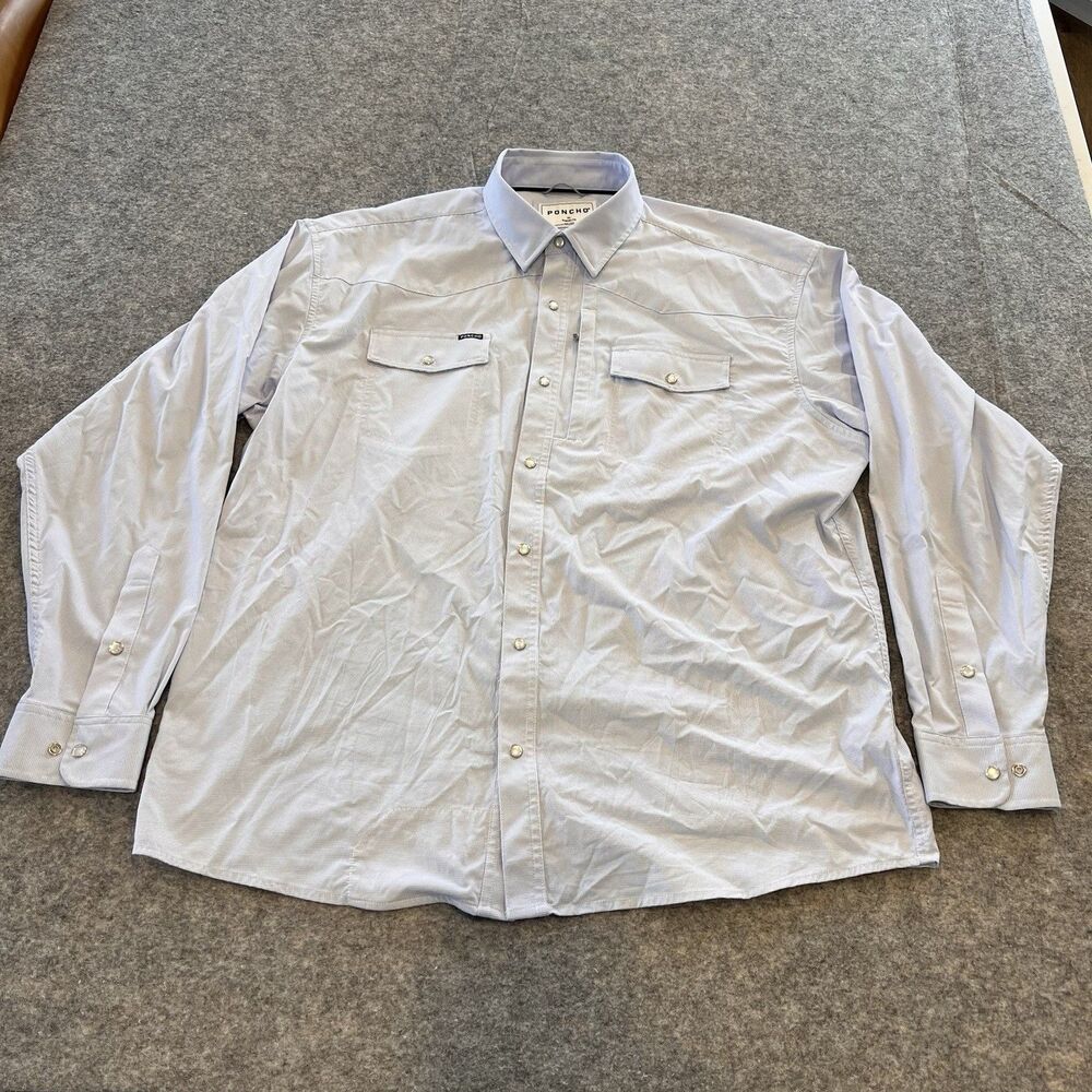 Poncho Men’s Pearl Snap Long Sleeve Lightweight Breathable Shirt Size XL Blue - Picture 2 of 11